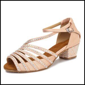 Satin Dance Shoes Rhinestone Sparkle Low Heel Elegant Ballroom Latin Practice